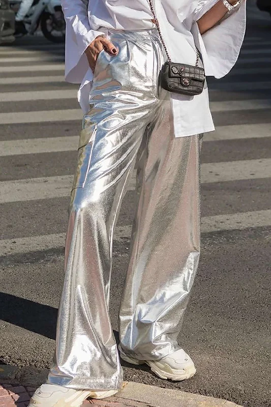 Metallic Flap Pocket Wide Leg Pants