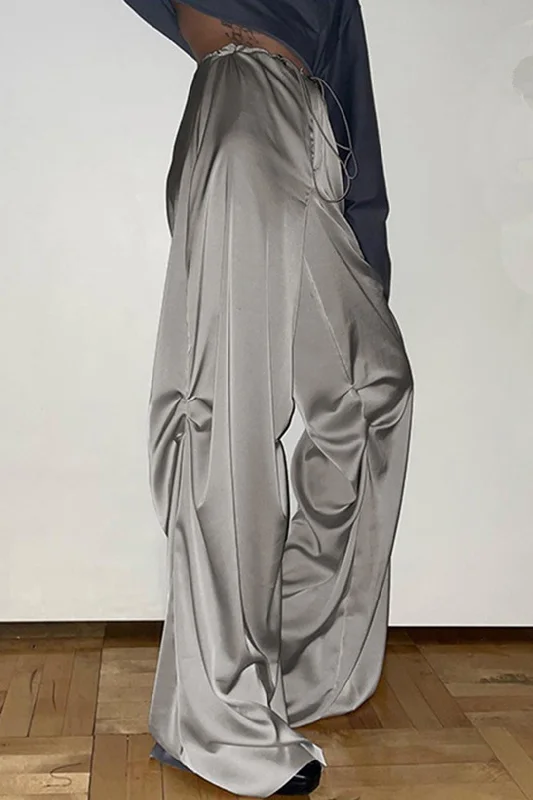 Satin Drawstring Ruched High Waist Wide Leg Pants