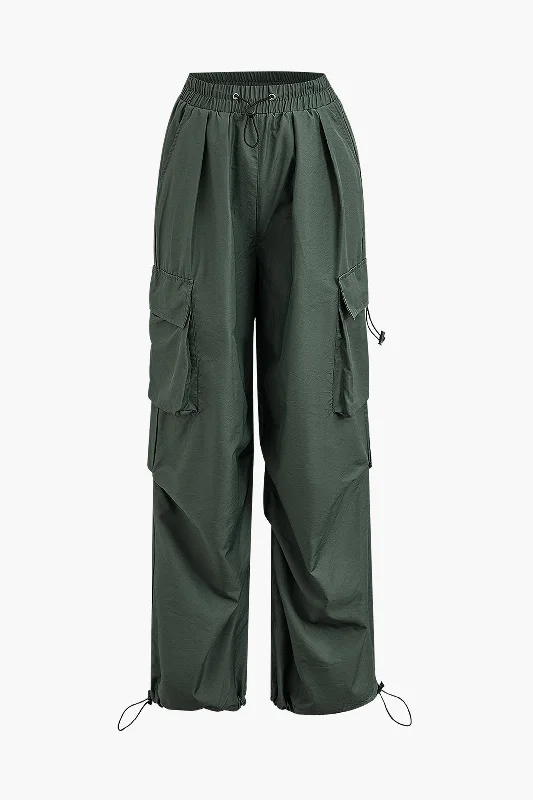 Flap Pocket Drawstring Cuffed Straight Leg Pants