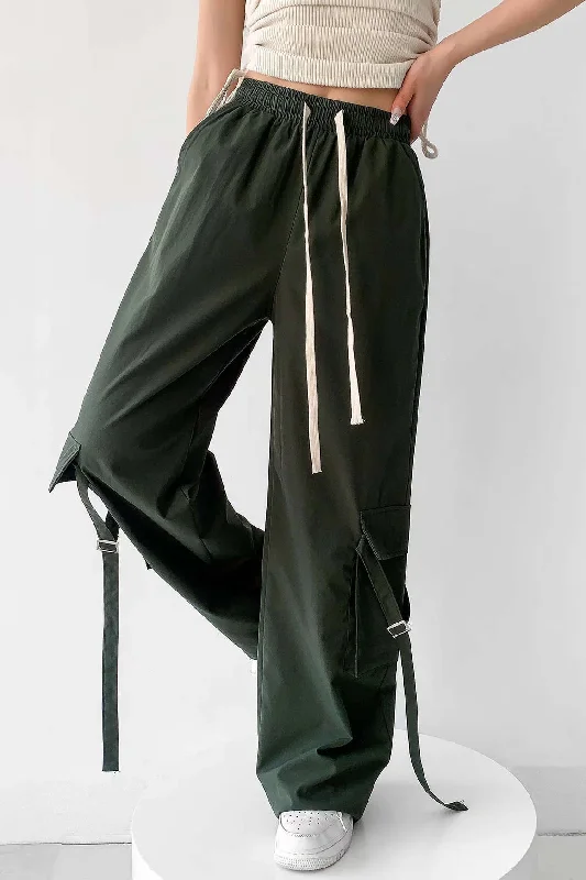 Drawstring Waist Flap Pocket Straight Leg Cargo Pants