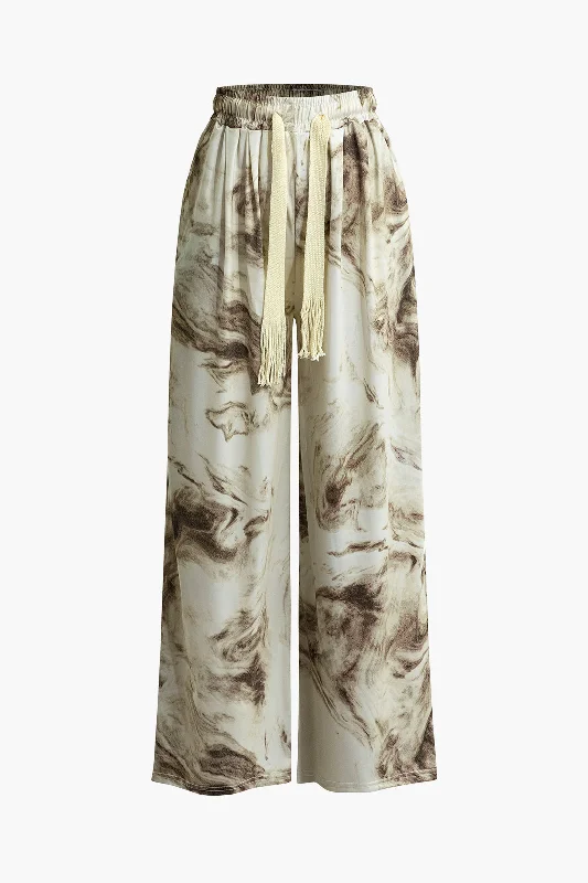 Abstract Print Drawstring Wide Leg Pants