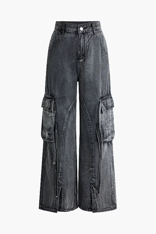 Faded Flap Pocket Wide Leg Jeans