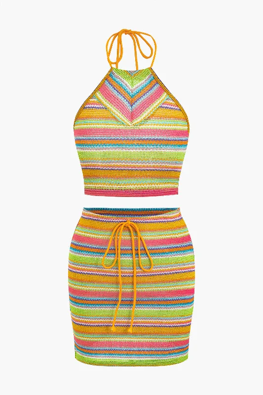 Rainbow Crochet Tie Halter Tank Top And Mini Skirt Set