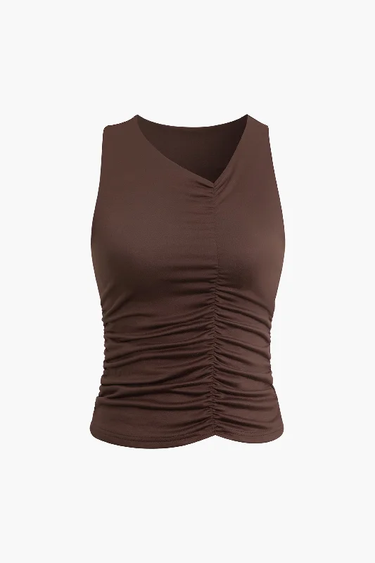 Asymmetrical Neckline Ruched Tank Top