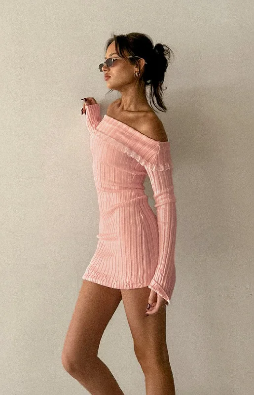 Mimi Pink Long Sleeve Off Shoulder Knit Mini Dress