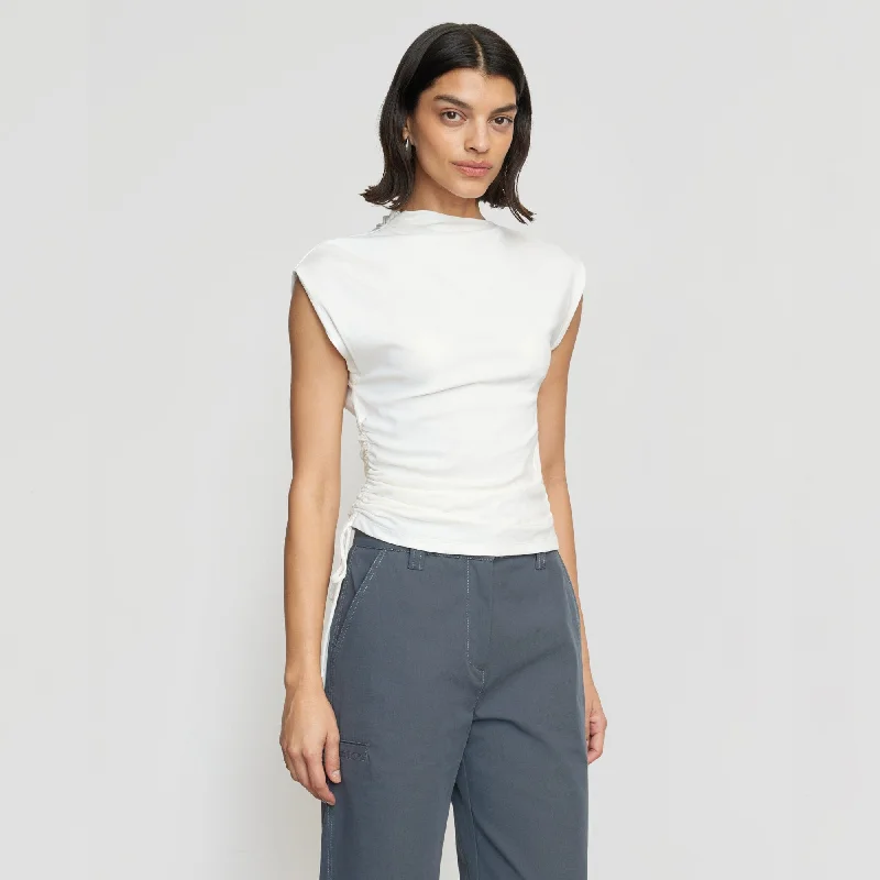 Jocelyn Asymmetric Ruched-Side Tee | White