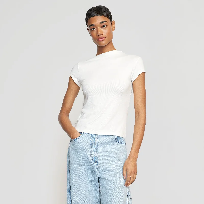 Zaya Ribbed Asymmetric-Neck Tee | Cream