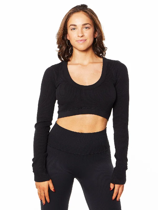 Alo | Seamless Ribbed Cropped Serene Long Sleeve | Black