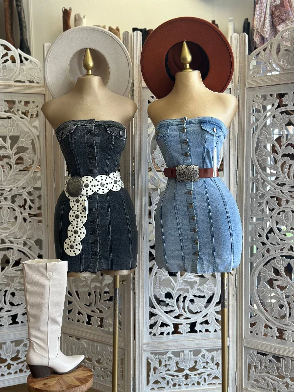 Strapless Denim Button Mini Dress- Stretchy