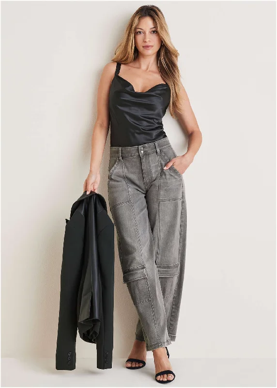 Cargo Wide Leg Jeans - Grey Wash