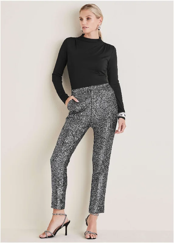 Sequin Straight Leg Pants - Silver